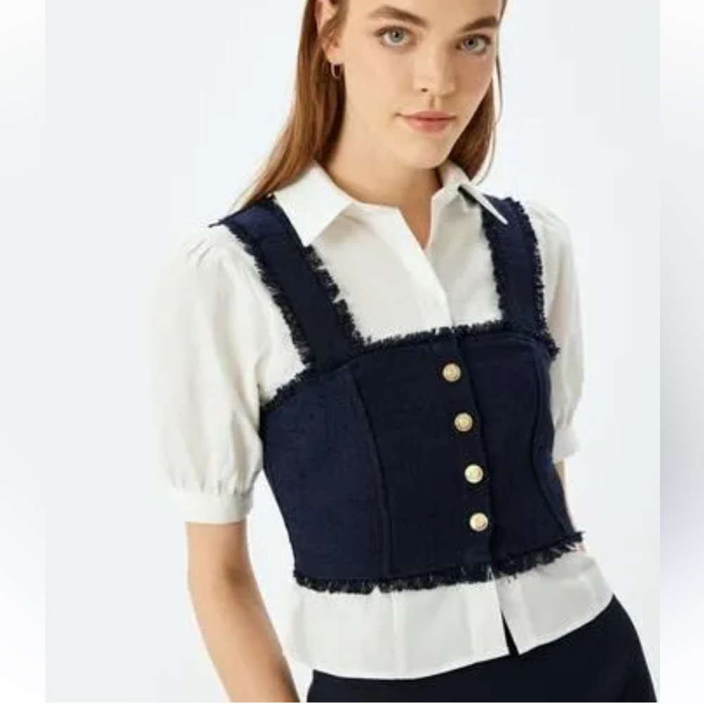 Koton Short Balloon Sleeve Crop Shirt With Tweed Detail White Navy Blue